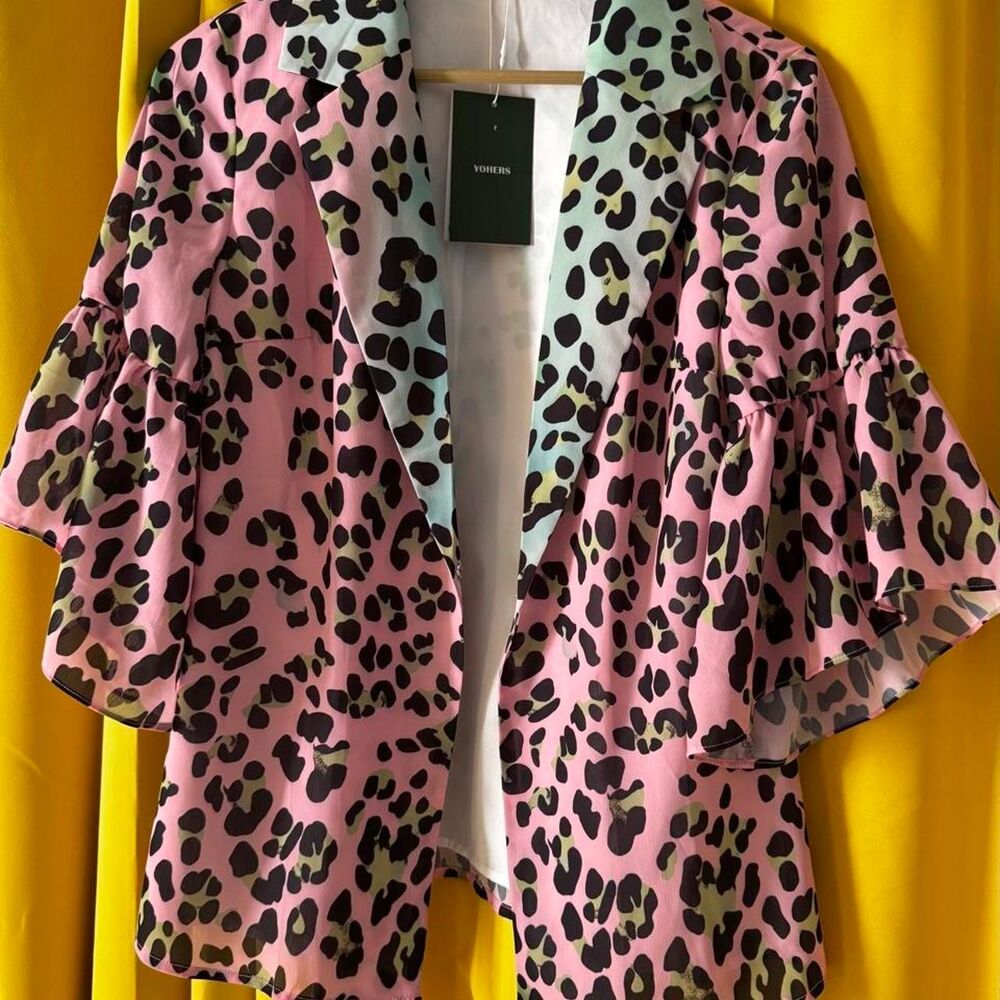 NWT YOHERS Linen Cotton Pastel Leopard Print Blazer Pink Green Ruffle Sleeve